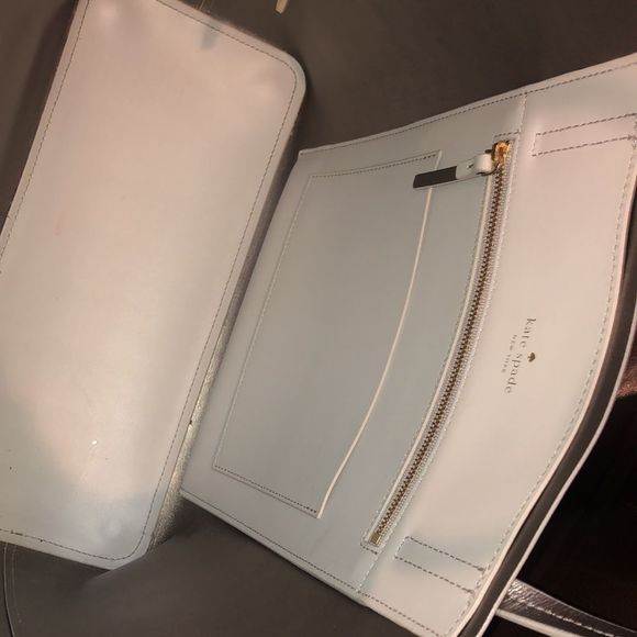 KATE SPADE Silver Glitter Polka Dot White Leather Tote Shoulder Bag Zip Pocket - Picture 13 of 17